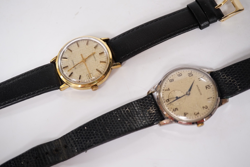 A gentleman's steel and gold plated Longines Conquest manual wind wrist watch, with baton numerals and date aperture, case diameter 35mm, together with a gentleman's stainless steel Marvin manual wind wrist watch, case d